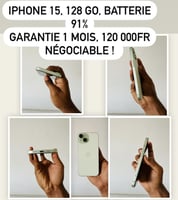 iPhone 15 Vert 128 Go, Batterie 91%, Garantie 1 Mois