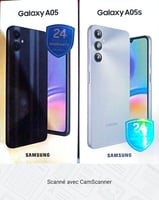 Smartphone Samsung Galaxy A05 et A05s 4Go/128Go, 3+2 caméras, argent et noir