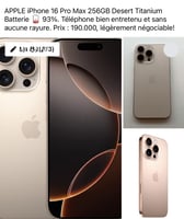 iPhone 16 Pro Max 256GB en titane du désert, batterie à 93%