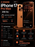 iPhone 17 Pro Max 256 Go, comme neuf, couleur orange