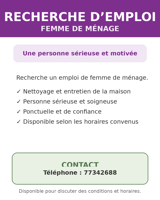 Femme de ménage expérimentée sérieuse et fiable disponible