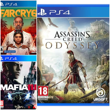 Lot de 3 CD PS4 : Assassin's Creed, Mafia 3, Far Cry 6 - Bon état