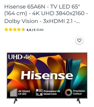 TV LED Hisense 65 4K UHD Dolby Vision, WiFi, HDMI 2.1