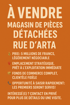 Magasin pièces détachées bien situé Rue d’Arta