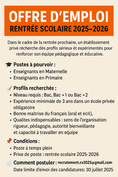 Recrutement d\'enseignants sérieux pour établissement privé