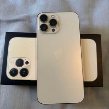 iPhone 13 Pro Max 128 Go, doré, quasi neuf, coques incluses