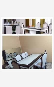 Salle à manger moderne avec table et buffet à miroir