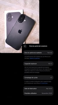 iPhone 16 Noir, comme neuf, 100% batterie, prix exceptionnel