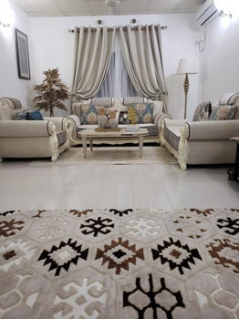 Salon avec tapis, rideaux et cadres en bonus