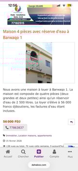 Maison 4 pièces avec réservoir d\'eau à louer à Barwaqo 1