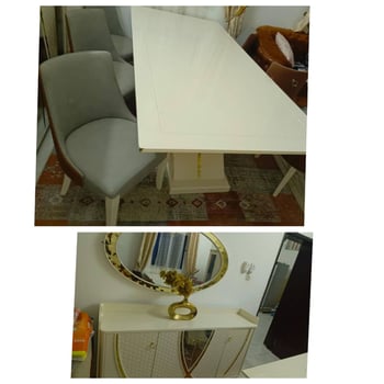 Ensemble salle à manger design blanc et doré avec table, 6 chaises et buffet