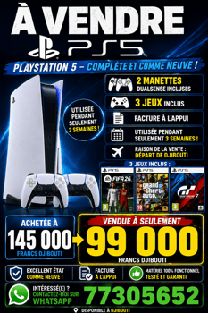 PlayStation 5 avec 2 manettes et 3 jeux, comme neuve