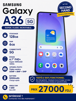 Samsung Galaxy A36 128 Go, 6 Go RAM, état neuf