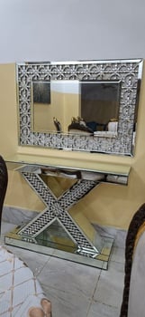 Ensemble salon et salle à manger royal avec tapis et console en verre