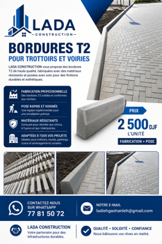 Bordures T2 pour trottoirs et voiries, fabrication et pose professionnelle