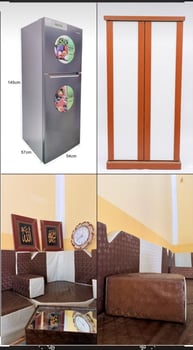 Armoire 2m, frigo et canapé en U avec accessoires