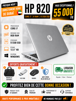 HP EliteBook 820 Core i7, 8 Go RAM, SSD 512 Go presque neuf