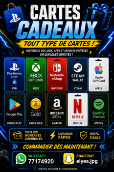 Cartes cadeaux numériques pour jeux et services en ligne