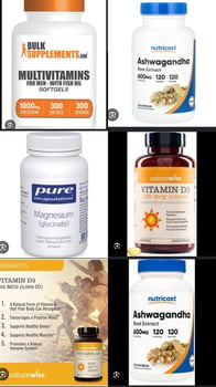 Compléments vitaminiques D3, magnésium, ashwagandha et multivitamines