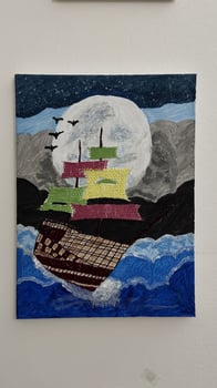 Tableau artisanal mixte bateau à voile sur toile 15 pouces