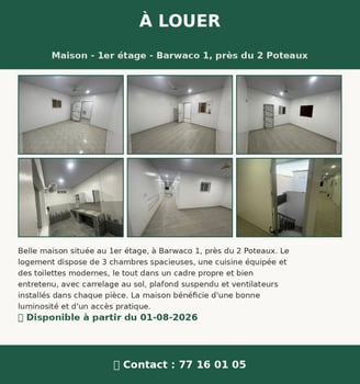 Appartement F3 lumineux avec 3 chambres à Barwaqo 1