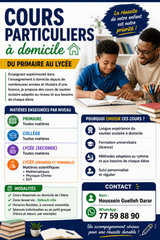 Cours particuliers à domicile du primaire au lycée à Djibouti-ville