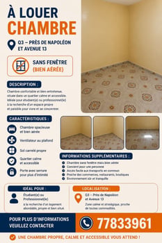 Chambre à louer quartier Q3, calme et sécurisée