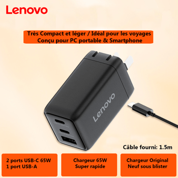 Chargeur Lenovo 65W neuf, compact et rapide