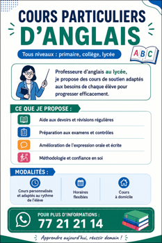 Cours d\'anglais particulier pour élèves primaire à lycée