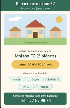 Recherche logement F2 à louer quartiers Haybleh, Dogeh, Balbala, Hodan