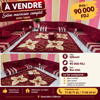 Salon marocain complet élégant avec tapis assorti rouge bordeaux
