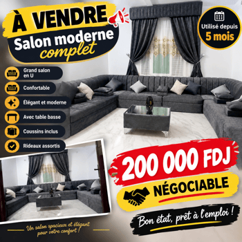 Salon moderne complet en U avec coussins et table basse