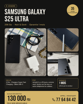 Samsung Galaxy S25 Ultra 256 Go noir et doré comme neuf