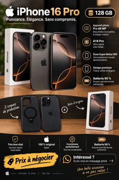 iPhone 16 Pro 128 Go en très bon état avec accessoires