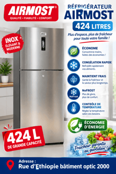 Réfrigérateur Airmost 424 L, grand volume, neuf