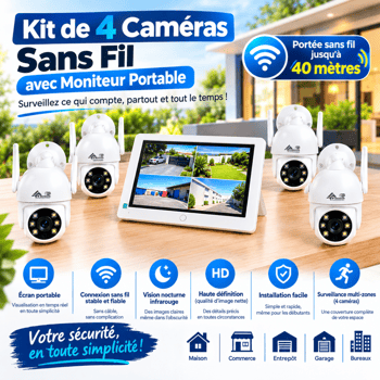 Kit de 4 caméras de surveillance sans fil avec moniteur portable