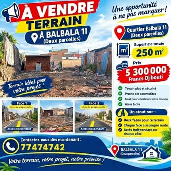Terrain 250 m² à Balbala 11, parcelles combinées