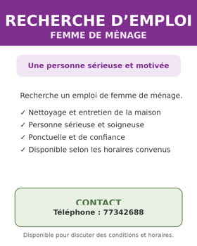 Femme de ménage expérimentée sérieuse et fiable disponible