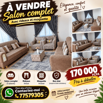 Salon complet avec rideaux et moquette en bon état