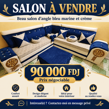 Salon d\'angle bleu et beige avec table de télévision blanche