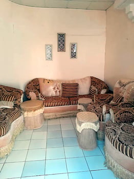 Salon traditionnel complet beige et marron en tissu avec coussins décoratifs
