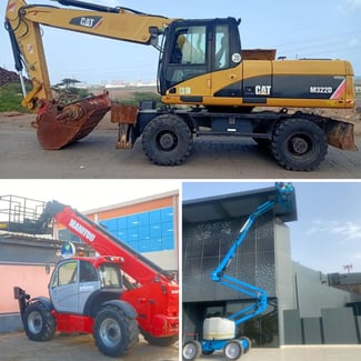 Location d'engins de chantier : Chariot Télescopique Manitou, Pelle Caterpillar M322D et Nacelle Genie