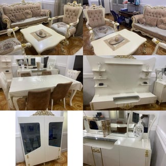 Salon moderne complet avec canapé, meubles TV, table à manger et commode avec miroir