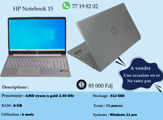 Ordinateur portable HP Notebook 15, garantie 1 mois, performance élevée