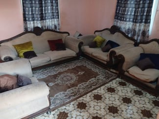 Salon complet en tissu de qualité, beige et brun, 6 coussins inclus