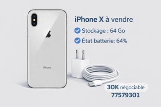 iPhone X 64 Go, Batterie 64%, Très bon état