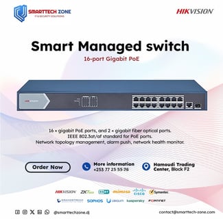 Switch réseau Hikvision Smart Managed 16 ports Gigabit PoE avec ports fibre