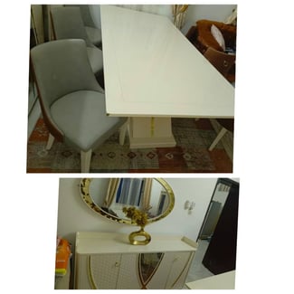 Ensemble salle à manger design blanc et doré avec table, 6 chaises et buffet