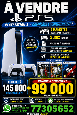 PlayStation 5 avec 2 manettes et 3 jeux, comme neuve
