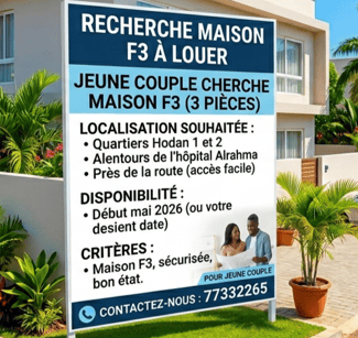 Recherche maison F3 à louer, Hodan 1 et 2, proche de l'hôpital Alrahma